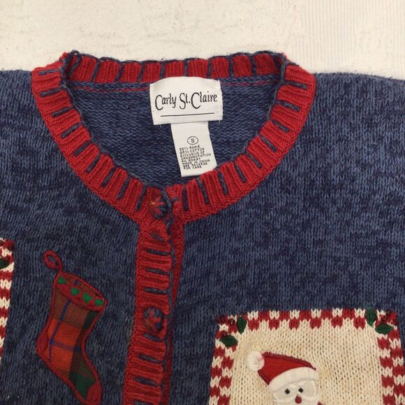 Carly St Claire Blue Red Patchwork Beaded Ugly Christmas Cardigan Vintage Small - Picture 6 of 7